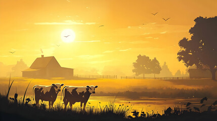 Canvas Print - Cows Grazing in a Field at Sunset, Rural Landscape