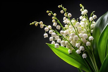 Wall Mural - Floral arrangement of lily of the valley flowers against a black background