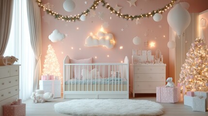 Cozy Baby Nursery with Festive Holiday Decor and Soft Lighting in Pastel Pink and White Tones