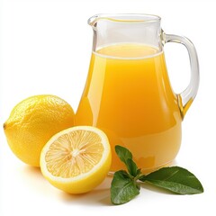 Jug of lemon juice with fresh fruits, showcasing its natural appeal, isolated on white background for vibrant display.