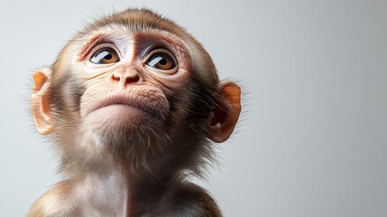 Wall Mural - A close-up portrait of a curious young monkey looking upward.