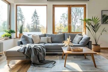 Bright living room interior with grey sofas, big window and coffee table