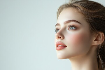 Wall Mural - A young woman with flawless skin and blue eyes looks up and to the side, her expression soft and serene.