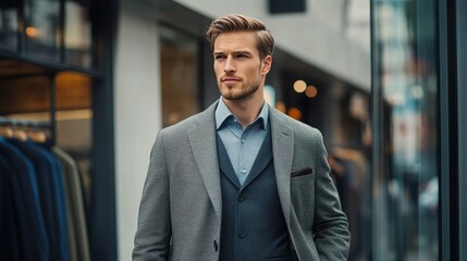 A man in a grey suit and blue shirt standing in front of a storefront