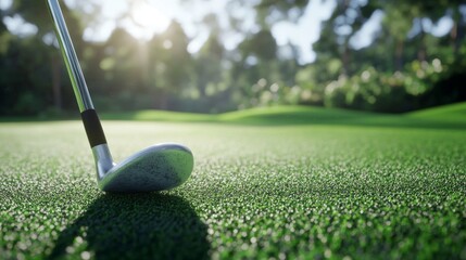 Wall Mural - Golf club resting on the green fairway with a sunny forest backdrop.