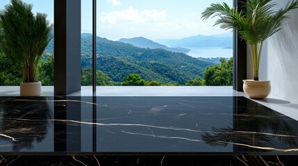 Stylish interior featuring a black marble table with a stunning mountain view and lush greenery through large windows.