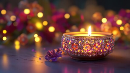 Diwali candle holder mockup with decorative elements like beads and flowers.