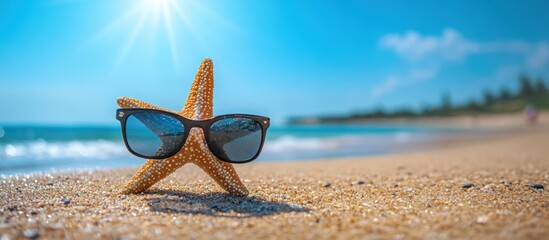 Starfish wearing sunglasses on a sandy beach with the ocean in the background.