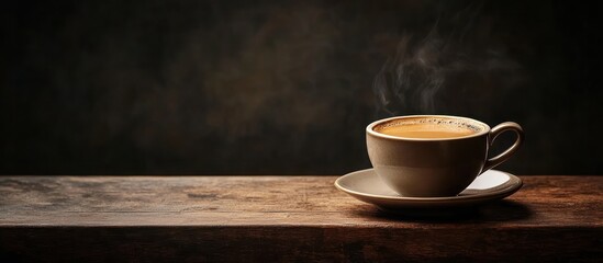 Canvas Print - Steaming cup of coffee on a rustic wooden table with a dark background.