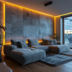 Wall Mural - Modern Living Room with Sectional Sofa and Warm Lighting