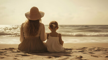 Wall Mural - Mother and Daughter Watching the Waves Roll In on the Beach