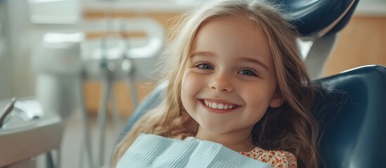 A young girl in a dental chair smiles brightly, showing off her healthy teeth.