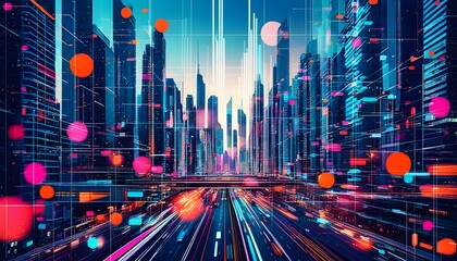 Wall Mural - Futuristic cityscape bursting with vibrant colors and bold geometric shapes, showcasing dynamic architectural designs in a visually stunning digital artwork