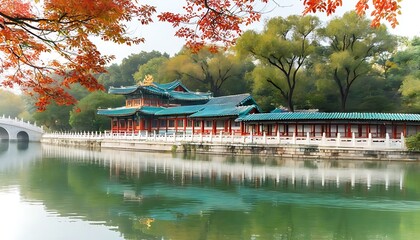 Autumn garden scenery with traditional Chinese beauty