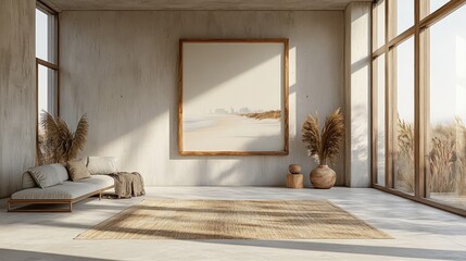 Poster - Minimalist interior with natural light and beach-themed artwork.