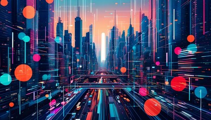 Wall Mural - Futuristic cityscape bursting with vibrant colors and bold geometric shapes, showcasing dynamic architectural designs in a visually stunning digital artwork