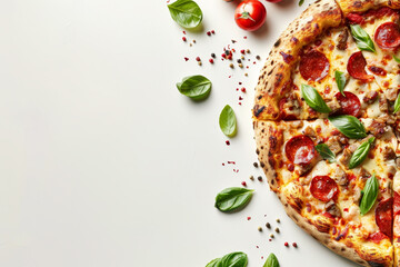 A pizza with pepperoni and basil sits on a white background