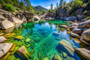 Poster - Crystal clear mountain lake surrounded by rocks and trees