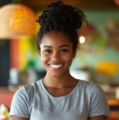 young Caribbean woman in her early twenties working at a family-friendly restaurant for kids. wearing casual work attire, smiling warmly but not looking directly at the camera.is engaged in her work