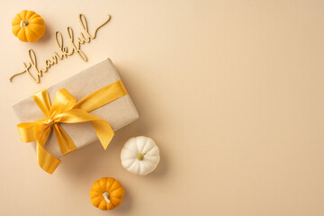 Sticker - A Thanksgiving themed gift box with a yellow ribbon, surrounded by small pumpkins, and a thankful message on a beige background