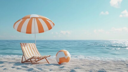 A beach chair with a striped umbrella and beach ball on a sandy beach with blue water in the background.