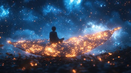 Wall Mural - A figure sits on a glowing carpet amidst a starry cosmic backdrop.