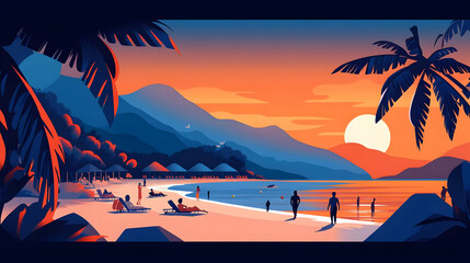 Sticker - Tropical Beach Sunset with Palm Trees and Mountains