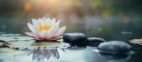 Sticker - Single white water lily blossom with three smooth black stones in a pond, reflecting in the water, with a blurred green background and sun rays.