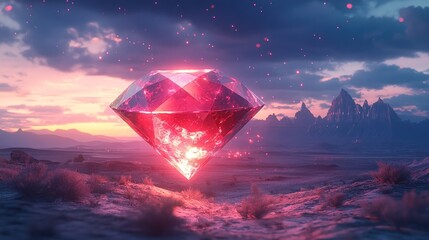 Canvas Print - A glowing crystal diamond levitating in a surreal landscape.