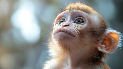 Wall Mural - Close-up of a curious young monkey with expressive features.