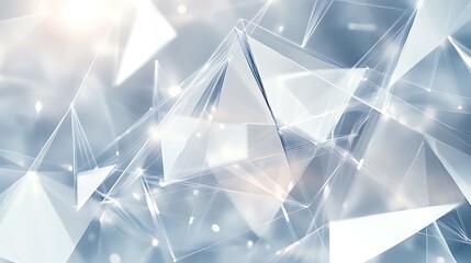 Abstract geometric background with white pyramids and connecting lines, on a soft grey background with light bokeh.