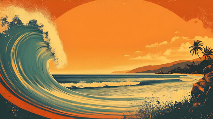 Wall Mural - Ocean Wave Crashing on Beach with Sunset and Palm Trees