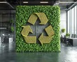 © Nattapat - Green recycle symbol sign with a professional office backdrop, visualizing efficient waste sorting and recycling in a corporate environment