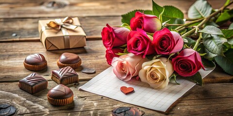 Sticker - A Bouquet of Delicate Roses Nestled on Rustic Wooden Surface with a Gift Box and Chocolates