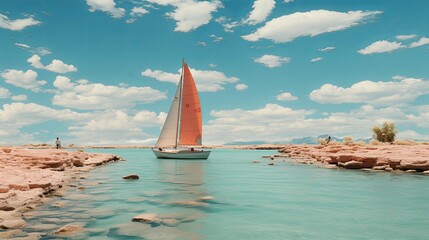 Poster - A lone sailboat with an orange sail glides through turquoise waters, guided by the gentle breeze, under a vast sky adorned with fluffy white clouds, leaving a tranquil and picturesque scene.