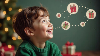 Little boy dreaming of gifts, boy smiling, festive christmas background with blurred lights garland