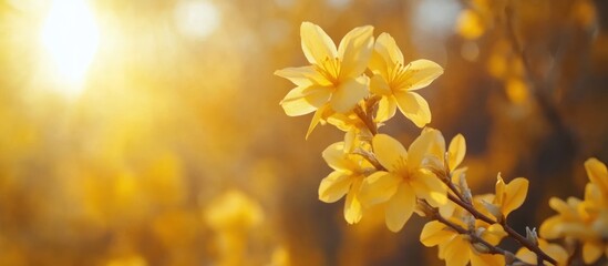 Wall Mural - Close-up of bright yellow flowers blooming on a branch with sunlight shining through.