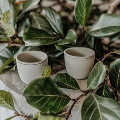 Two Small White Ceramic Cups Nestled in Greenery