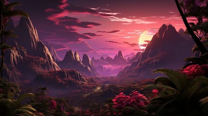 Sticker - An ethereal sunset casts a crimson glow over a valley nestled between towering mountains, where lush foliage thrives beneath a fiery sky.