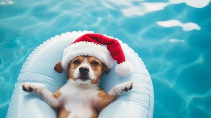 Cute dog in santa hat chilling on an inflatable mattress in water by the sea or swimming pool in holiday vacation