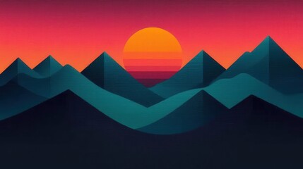 Wall Mural - Abstract Sunset Mountain Landscape Illustration   Minimalist Art