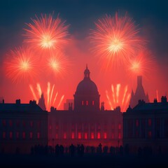 Wall Mural - Spectacular fireworks display over a historic cityscape at dusk