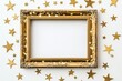 © MUdaylah - Gold frame with gold stars on white background. Flat lay, top view, copy space with generative ai