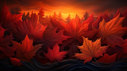 Sticker - Autumnal Glow Vibrant Maple Leaves Embrace a Serene Sunset