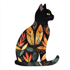 A stylized black cat silhouette filled with colorful leaf patterns, blending nature with artistic design.