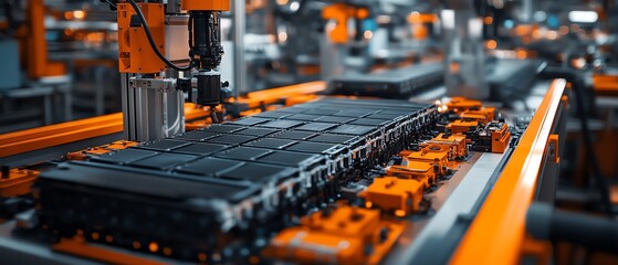 Poster - Closeup of electric vehicle battery cells on an assembly line, highlighting hightech machinery and detailed manufacturing steps