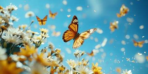 Poster - A solitary butterfly with delicate wings soars through a field of blooming wildflowers, bathed in the soft light of a summer day, creating a vibrant scene of natural beauty.