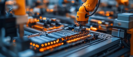 Poster - Closeup of electric vehicle battery cells on an assembly line, highlighting hightech machinery and detailed manufacturing steps