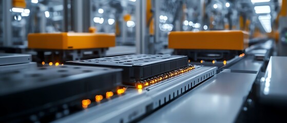 Poster - Closeup view of electric vehicle battery cells in a hightech mass production assembly line, emphasizing precision and efficiency