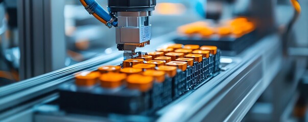 Poster - Electric vehicle battery cells being assembled on a mass production line, focus on closeup details and cuttingedge technology